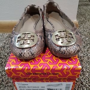 Tory Burch Reva Ballet Flat Doria Snake Print Brazil Nut/Gold